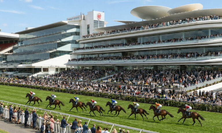 Wide view of a horse race at a modern grandstand filled with spectators on multiple terraces along the track.