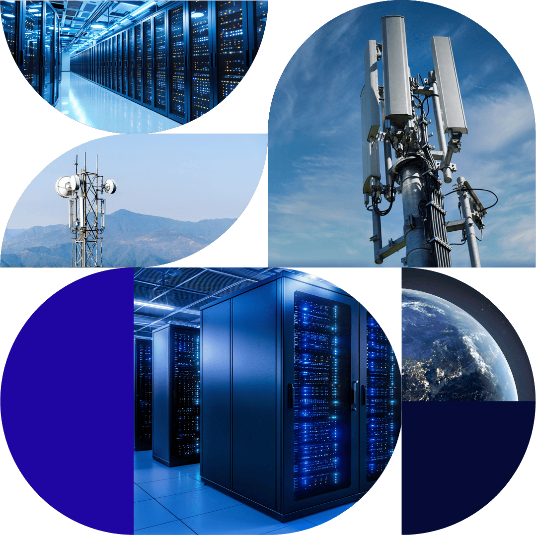 who-we-are-graphic-compressed-jp Collage of telecom and data center infrastructure: servers, antennas, and a view of Earth in blue tones.