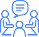 Icon-listen Blue outlined icons show three people seated around a table in a meeting, with a speech bubble indicating discussion.