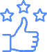 Icon-proud-darker-blue Blue outline thumbs-up icon with three stars, signaling high rating or approval.